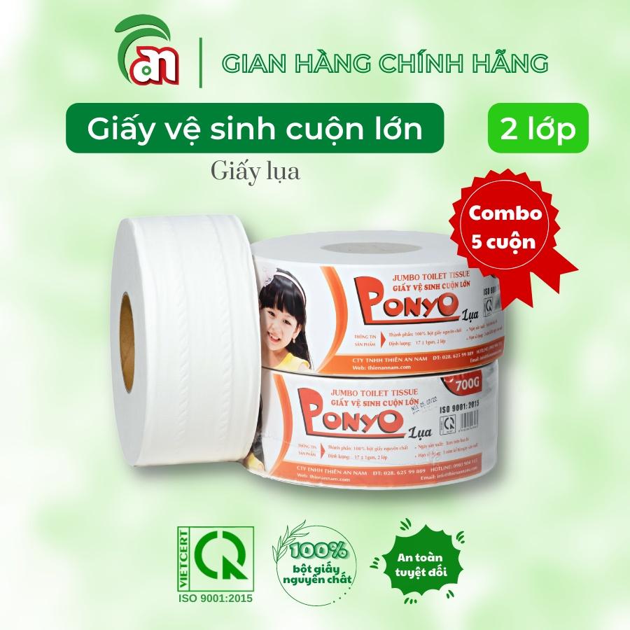 Combo 5 cuộn lớn giấy vệ sinh đa năng họa tiết caro/trơn PONYO JB700 2 lớp 700g