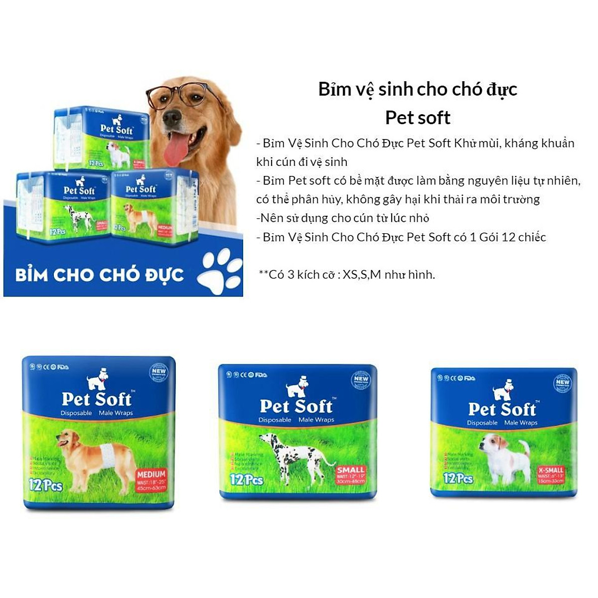 Hình ảnh Bỉm Quần Vệ Sinh Dành Cho Chó Đực Pet Soft Bịch 12 Miếng