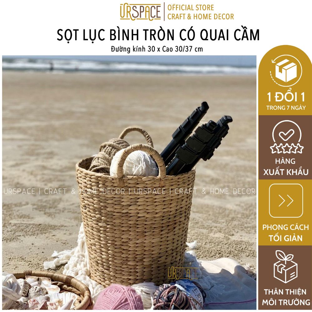 Giỏ cói đựng đồ URSPACE hình tròn có quai cầm tiện dụng trang trí decor phong cách đơn giản/ HYACINTH STORAGE BASKET