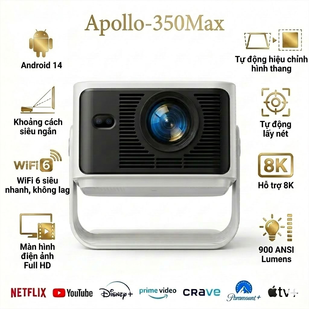 Máy Chiếu Thông Minh APOLLO 350MAX Full HD 1080P – Android 14, WIFI 6, Hỗ Trợ 4K/8K- Tự nhận dạng màn chiếu - Hàng nhập khẩu