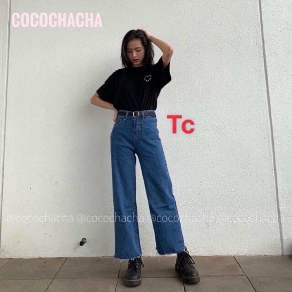 Quần jean ống rộng suông lưng cao xanh đậm
