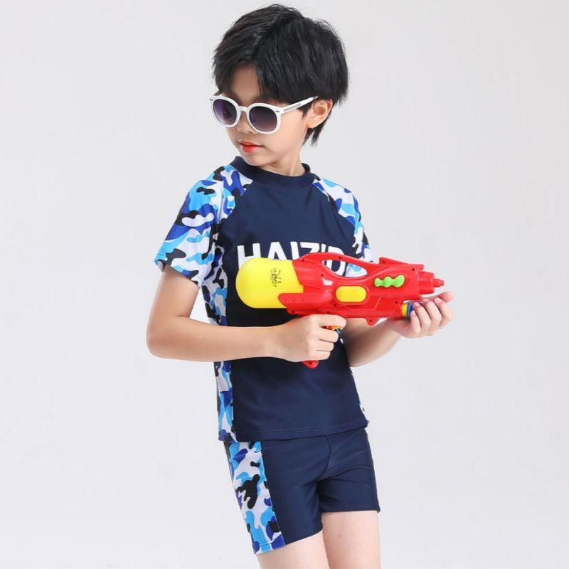 [HOẢ TỐC] Bộ đồ bơi bé trai cộc tay quần đùi kèm mũ bơi hoạ tiết rằn ri Nemo Bikini - BT1 - Xám xanh