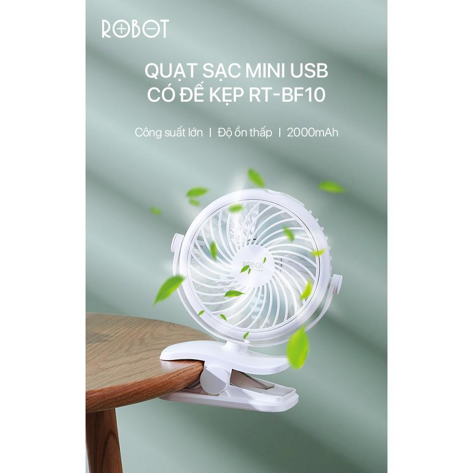 Quạt Mini Có Đế Kẹp ROBOT Dùng Pin Dung Lượng 2000mAh 3 Tốc Độ Gió Siêu Mát, Chạy Siêu Êm - Hàng Chính Hãng