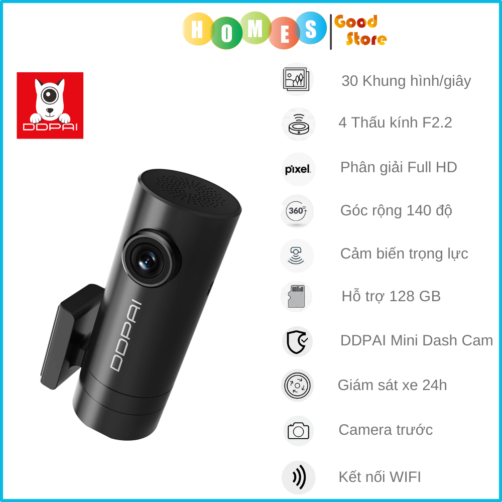 Camera Hành Trình Ô Tô DDPAI Mini Dash Cam Độ Phân Giải Full HD, Cảm Biến Trọng Lượng, Giám Sát 24 Giờ, Kết Nối WIFI, Hỗ Trợ Bộ Nhớ Lên Tới 128GB - Hàng Chính Hãng