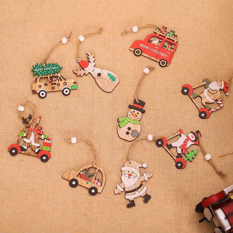 Set 9 Phụ Kiện Treo Trang Trí Giáng Sinh Bằng Gỗ Hình Ông Già Noel Hoạt Hình