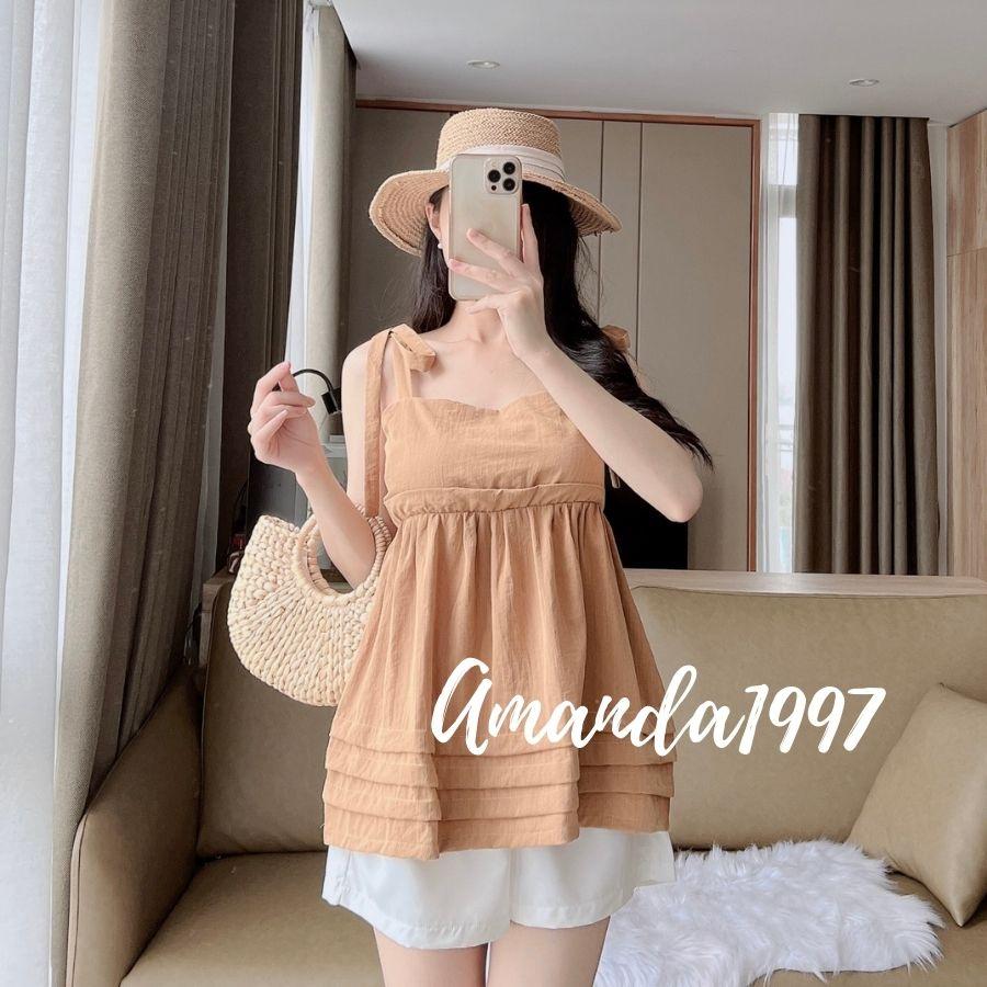 {Amanda} Set áo hai dây buộc nơ xốp mix quần short trắng ngây thơ - set áo 2 dây 5 màu thời trang nữ