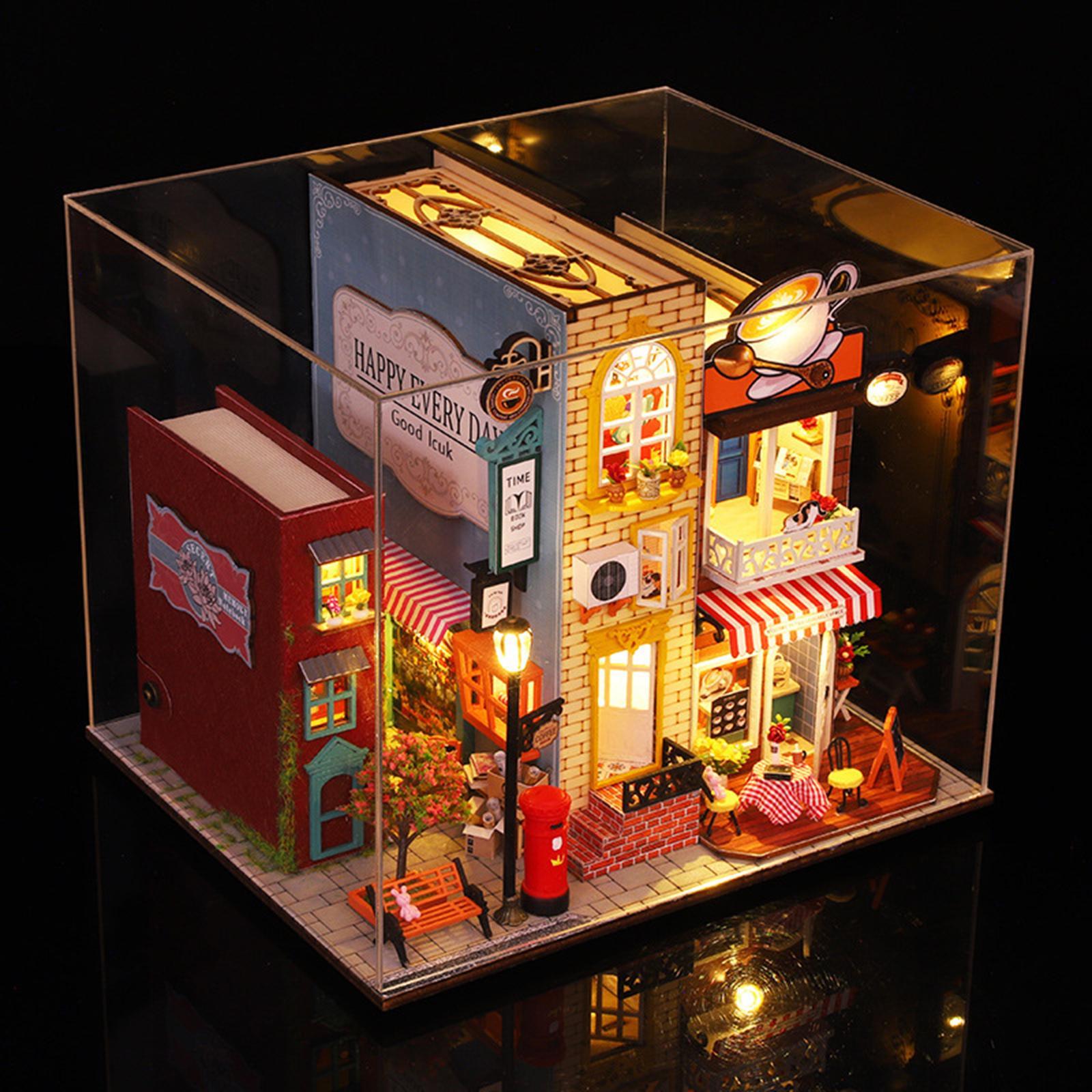 Unfinished Dollhouse DIY Kit with Dustproof Cover Wooden Dollhouse Miniature Kit Creative Room for Shelf Home Living Room Cabinet Decoration