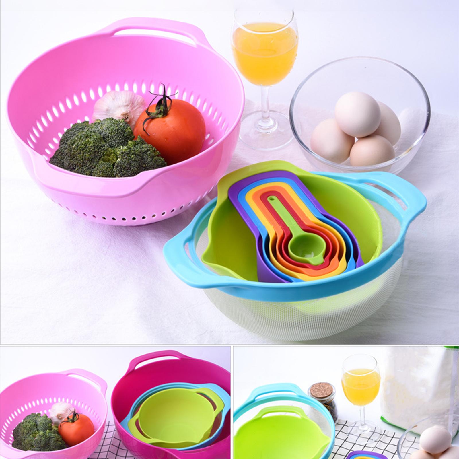 10PCS Mixing Bowl Set Measuring Spoon Set Coloful Sieve Colander Strainer Bowl Salad Bowl With Handle for Kitchen Baking