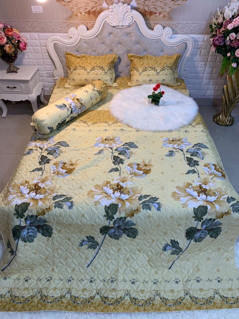 Chăn Hè Hoa Lá Hàn Quốc Siêu Nhẹ Chất Liệu Cotton Poly Thấm Hút Mồ Hôi Thoáng Mát, Mền Chần Bông 3 Lớp Mẫu Cúc Vàng