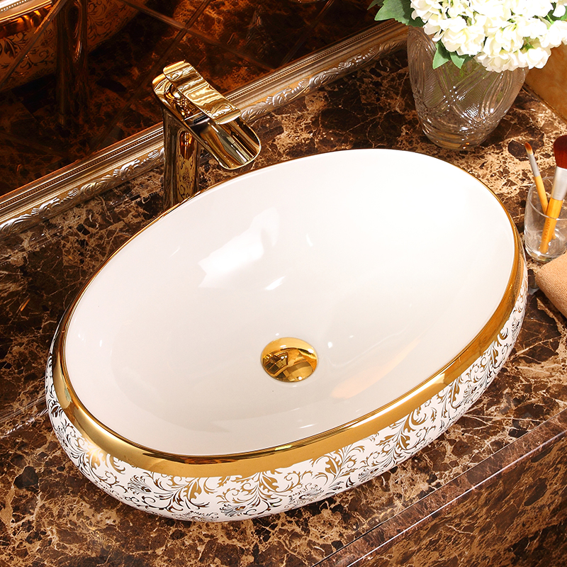 Chậu lavabo đặt bàn Oval hoa văn dát vàng Navier NV-418