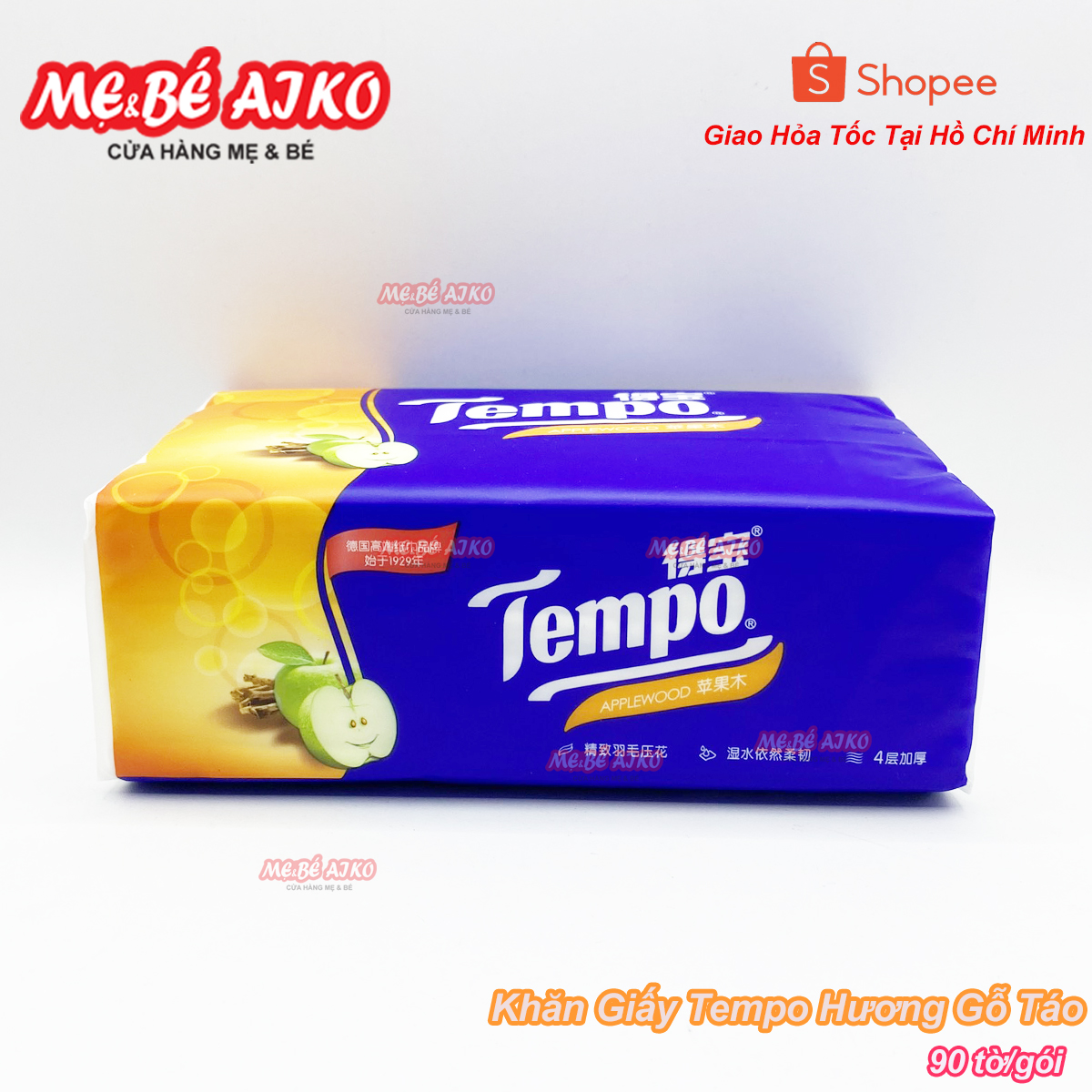 (Hương Gỗ Táo) Khăn Giấy Rút Cao cấp Tempo - 4 Lớp Bền Dai, An Toàn Cho Da (Lốc 4 Gói)