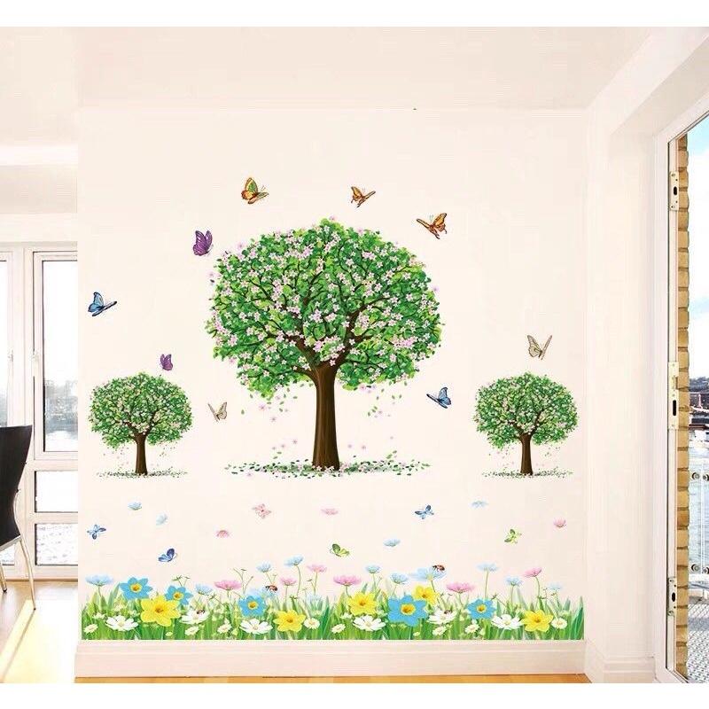 Decal dán tường cây xanh chân cỏ hoa