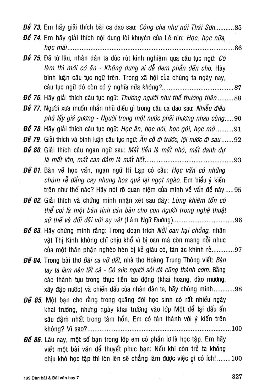 199 Dàn Bài Và Bài Văn Hay Lớp 7 - Tái Bản