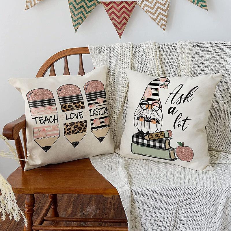 Back to School Pencil Book Gnome Truck Apple Throw Pillow Covers, 18X18 Pillows Cushion Case for Sofa Couch Set of 4