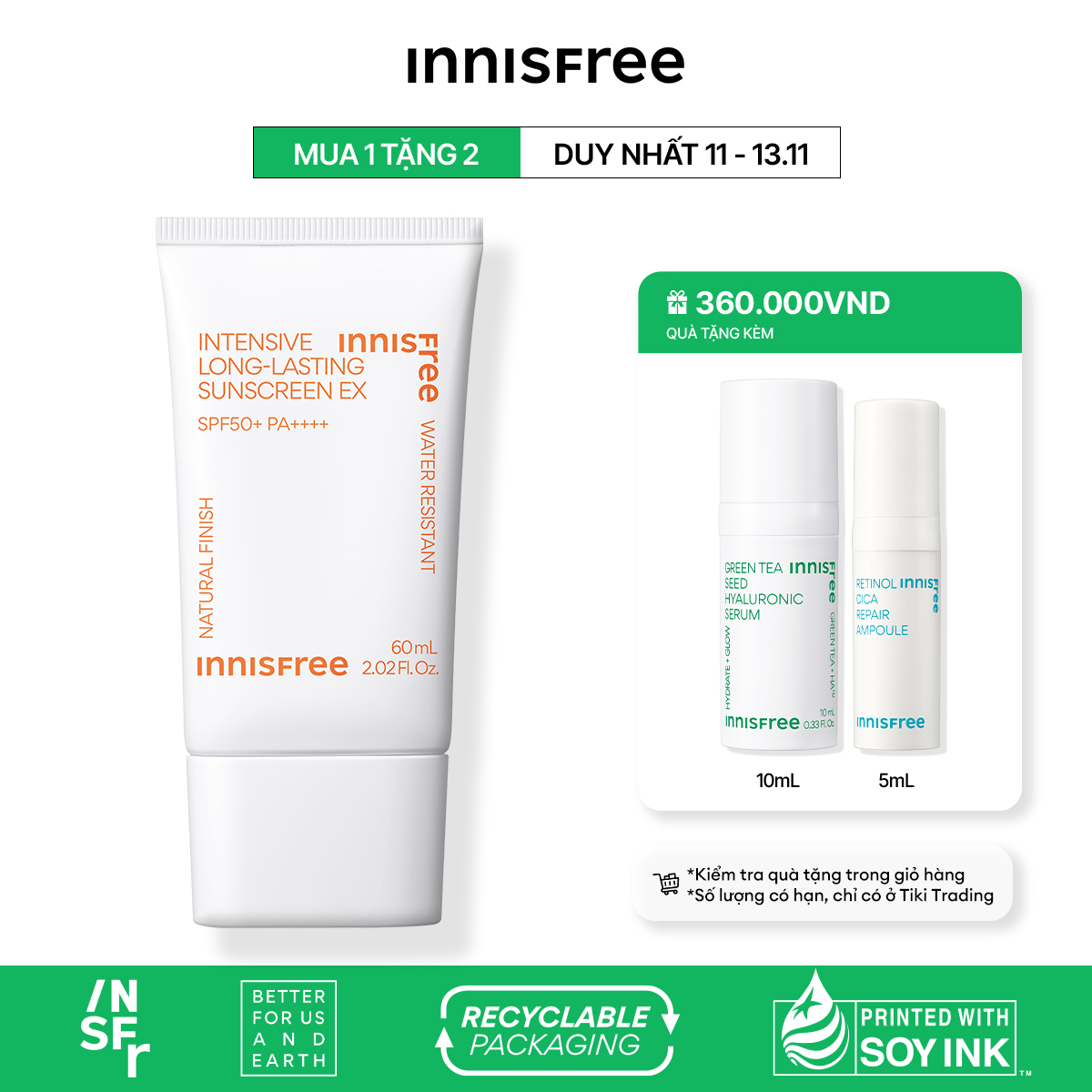 Kem chống nắng lâu trôi innisfree Intensive Long Lasting Sunscreen SPF50+ PA++++ 60ml (New 2023)