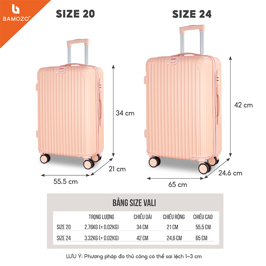 Vali du lịch BAMOZO 8801 MÀU HỒNG NHẠT size 20/24, vali kéo nhựa được bảo hành 5 năm