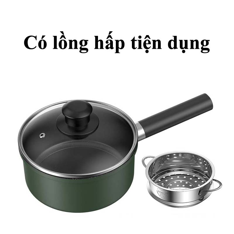 Nồi Hấp 2 Tầng Chống Dính Cao Cấp Vân Đá Hoa Cương Dung Tích 1.3L Kèm Xửng Hấp Inox Tiện Lợi Vung Kính Dày Dặn Bộ Nồi Chảo Cho Bé Ăn Dặm Quấy Bột Cho Bé Đáy Từ Dùng Mọi Loại Bếp Đường Kính 16cm 18cm Bắt Nhiệt Đều - ML016