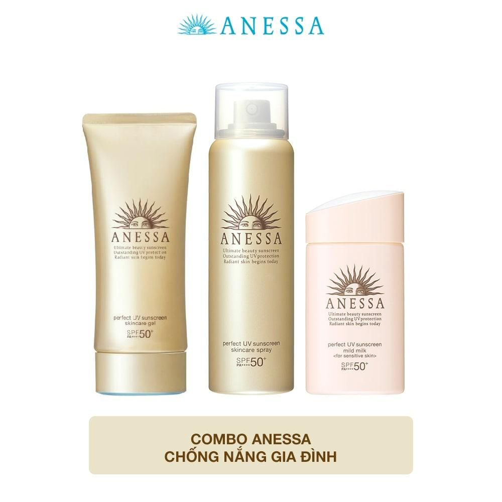 Combo Kem Chống Nắng Dạng Gel Bảo Vệ Hoàn Hảo Anessa Perfect UV Sunscreen Skincare Gel 90g + Kem Chống Nắng Dưỡng Da Dạng Xịt Bảo Vệ Hoàn Hảo Anessa Perfect UV Sunscreen Skincare Spray 60g + Sữa Chống Nắng Dưỡng Da Dịu Nhẹ Cho Da Nhạy Cảm Và Trẻ Em Anessa SPF 50+ PA++++ 60ml