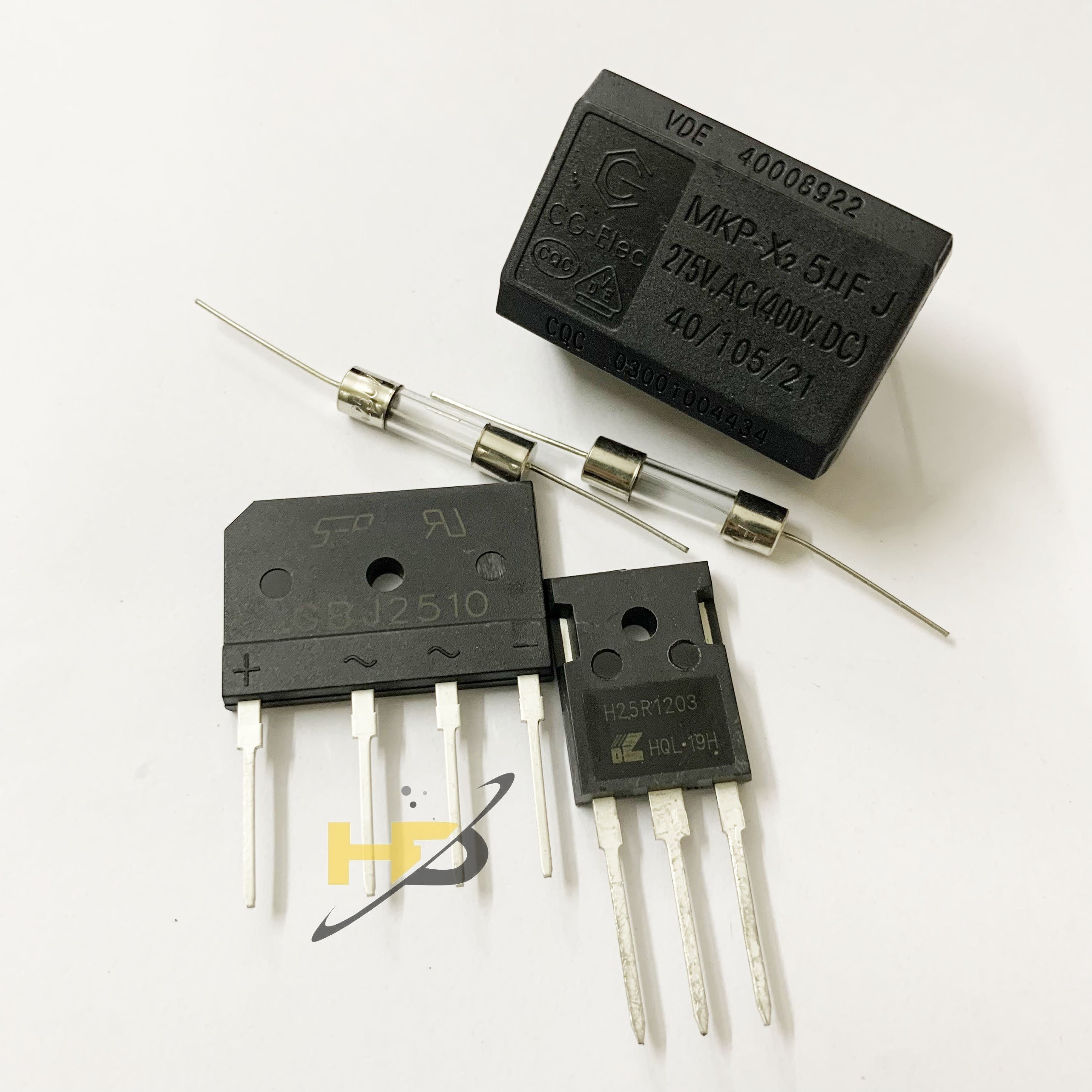 Bộ 4 Con Gồm Cầu Chì Thủy Tinh F12A , Tụ Bếp 5uF Dáng Nằm , Cầu Diode GBJ2510 ,Sò Công Suất H25R1203