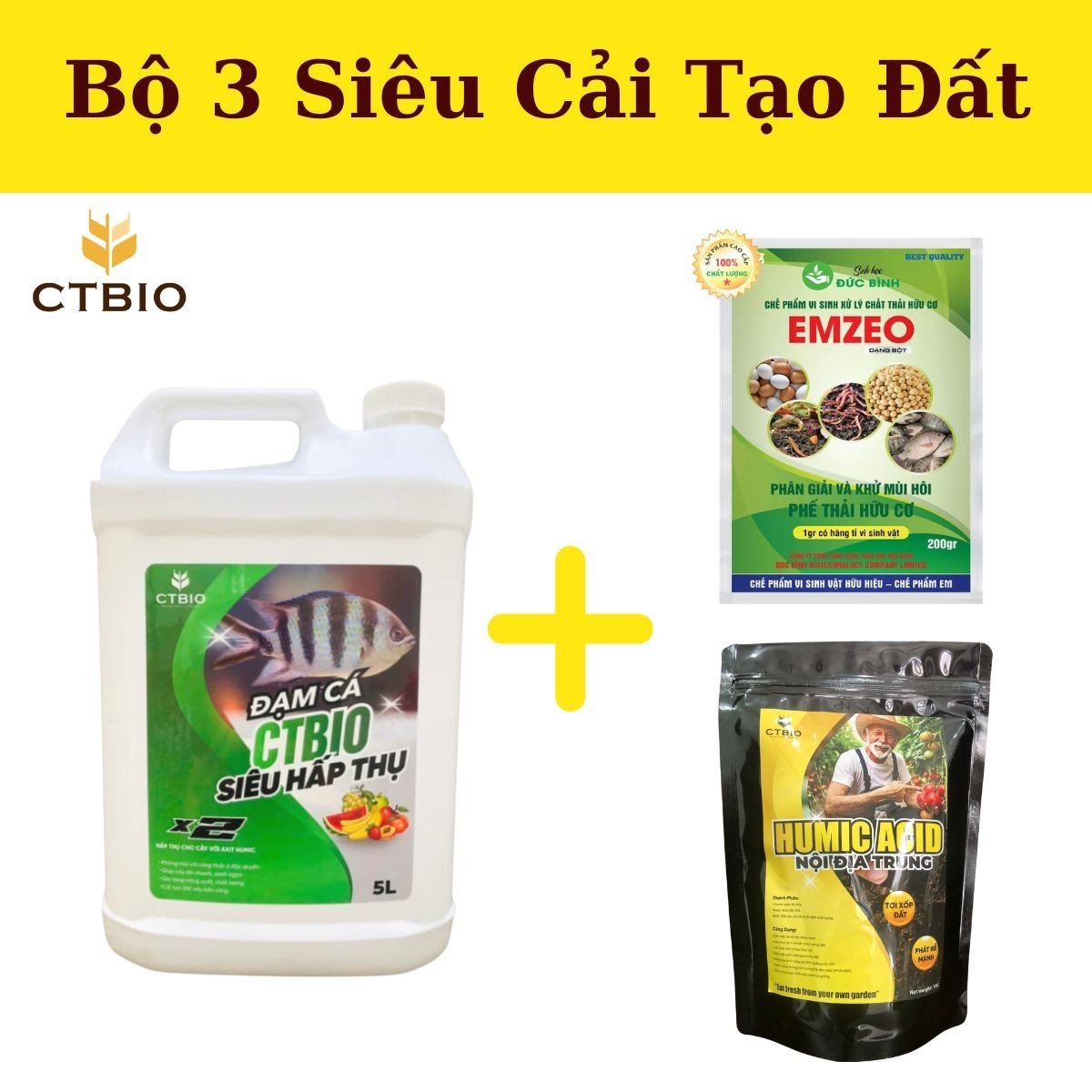 Siêu cải tạo đất với bộ 3 - Emzeo Đa chủng vi sinh vật + Đạm cá hữu cơ CTBIO +Axit Humic - giúp cải tạo cho diện tích 100m2
