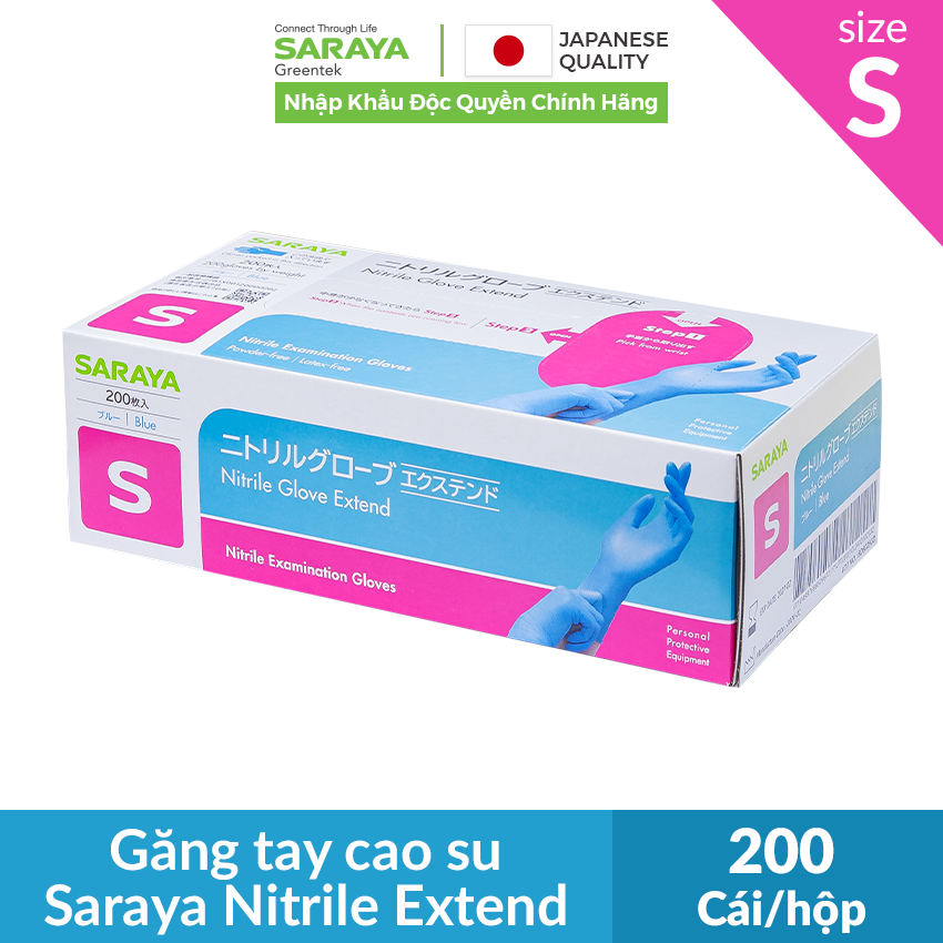 Găng tay cao su Saraya Nitrile Glove Extend (Màu Xanh), dùng trong thực phẩm, làm đẹp, y tế, công nghiệp - 200 cái/hộp