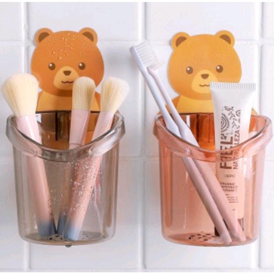 Cốc gấu dán tường đựng bàn chải đánh răng, cốc gấu nâu đựng kem đánh răng