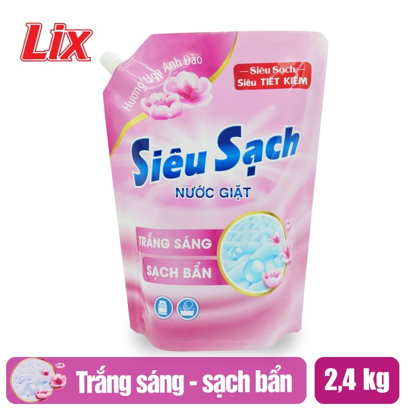 COMBO 2 Túi nước giặt Lix siêu sạch hương hoa anh đào (2 túi x 2.4kg) N2502