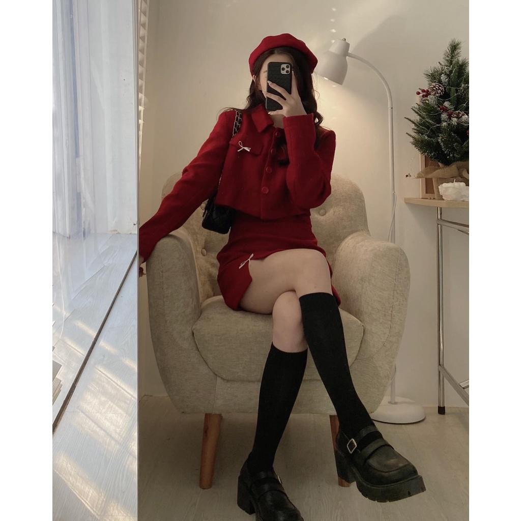 Set dạ tweed đỏ xẻ nơ tặng kèm mũ nồi