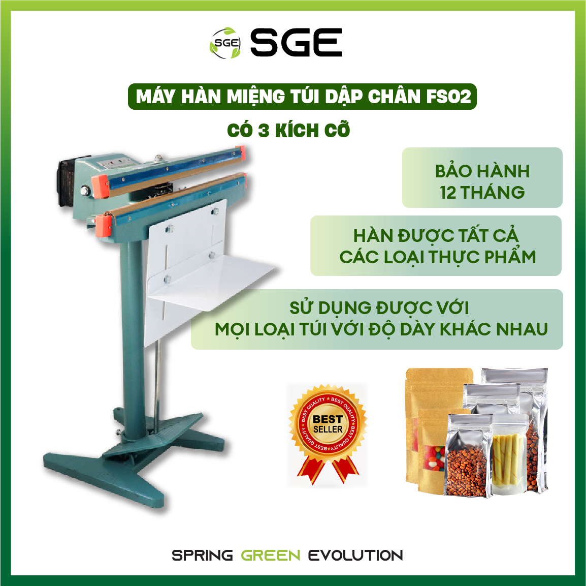 Máy Hàn Miệng Túi Dập Chân FS02 Từ SGE. Máy Có Công Suất Cao, Gia Nhiệt Nhanh, Dùng Được Cho Mọi Loại Túi. Hàng Nhập Khẩu Chính Hãng SGE Thailand. Máy Được Tặng Kèm 1 Bộ Dây Hàn Dự Phòng