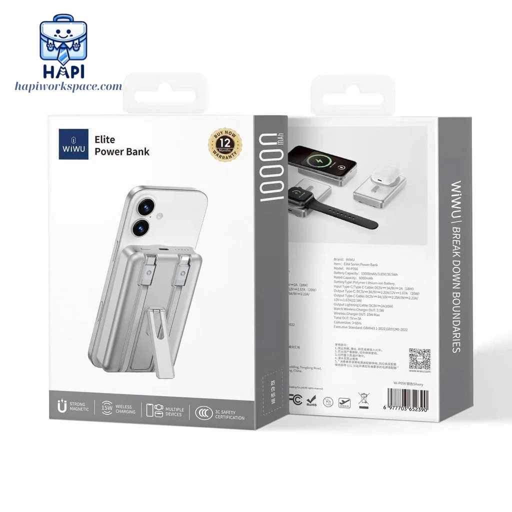 Sạc dự phòng hàng chính hãng WiWU Elite 5-in-1 Wi-P056: Tích hợp cáp C, L, sạc không dây từ tính kiêm giá đỡ
