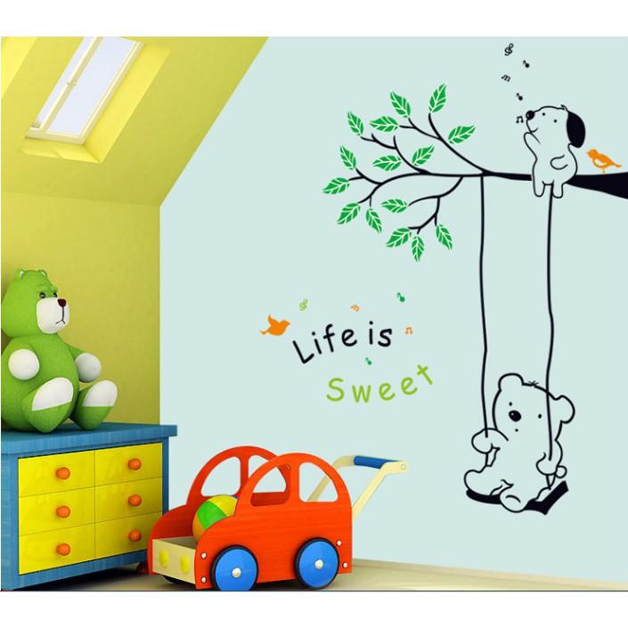 Decal trang trí tường Gấu chơi xích đu trên nhánh cây Life is Sweet
