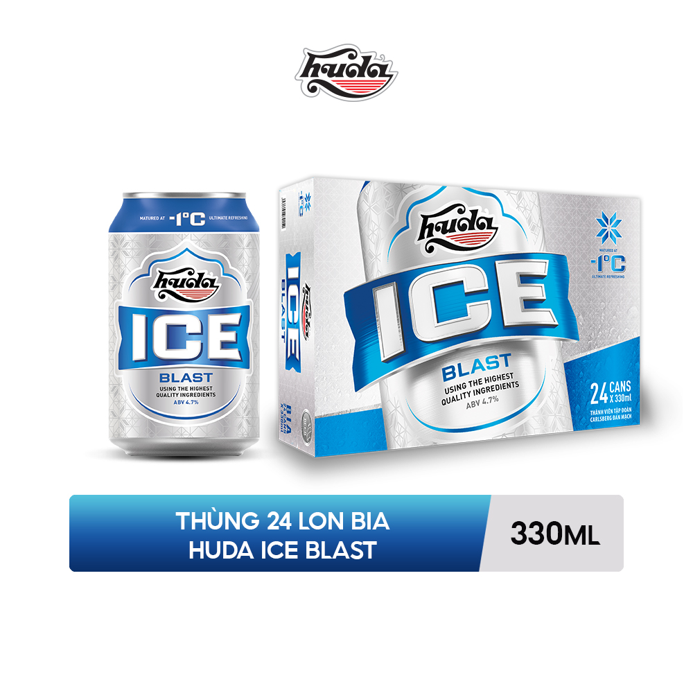 Thùng 24 lon bia Huda Ice Blast 330ml