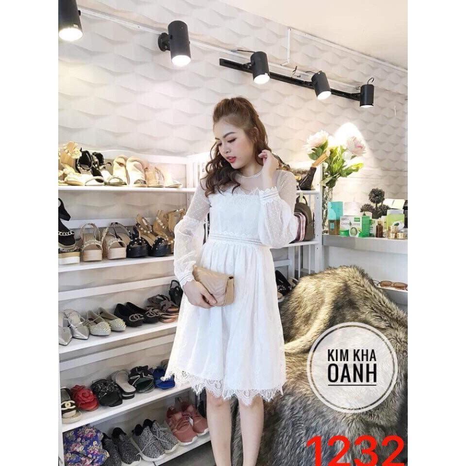 Đầm ren xòe tay dài phối lưới