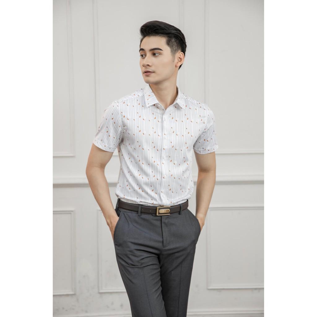 Áo sơ mi ngắn tay nam Aristino ASS003S1 form dáng slim fit ôm sát - Trắng in họa tiết lá