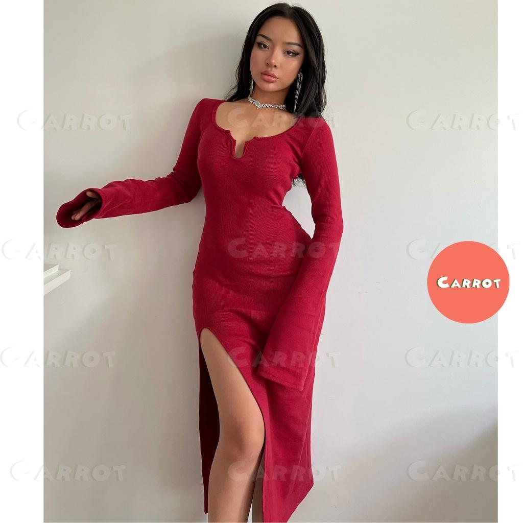 Đầm body tay dài đỏ đi tiệc sang chảnh tôn dáng khoét ngực sexy freesize chất co gĩan carrotxinhdep