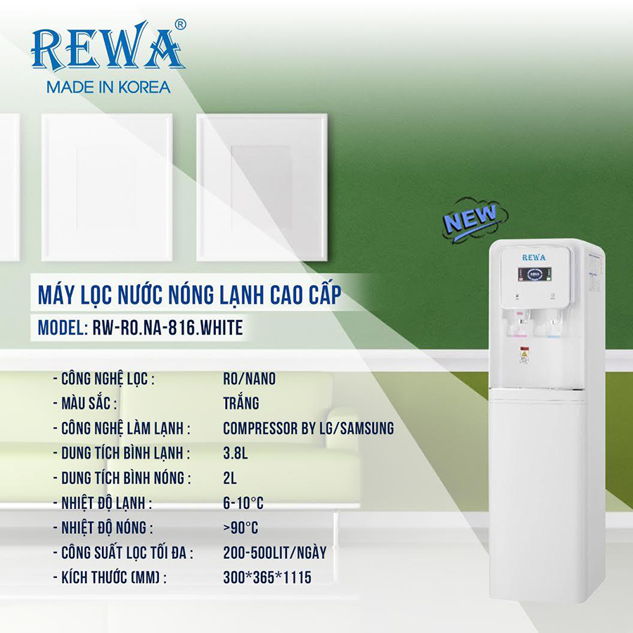 Máy Lọc Nước Nóng Lạnh Công nghệ RO Hàn Quốc REWA - RW-RO-816.WHITE- Hàng chính hãng