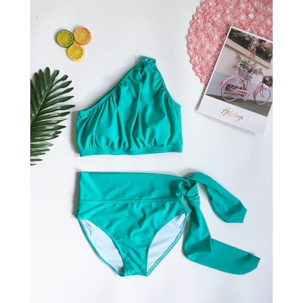 Bikini, bộ bơi áo lệch vai phối khoen vuông, quần nơ dài, phong cách Hy Lạp - EVA shop