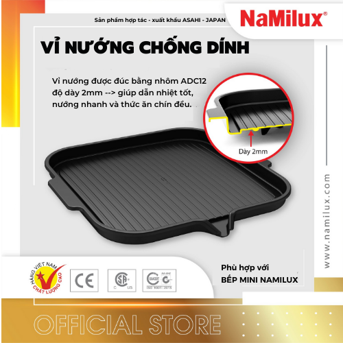 Vỉ Nướng Chống Dính Không Khói NaMilux│Phủ Lớp Chống Dính Teflon Whitford│Có Rãnh Thoát Mỡ│Hàng Chính Hãng