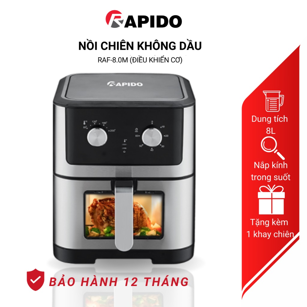 Nồi chiên không dầu Rapido RAF 8.0M dung tích 8L chiên gà vịt nguyên con, chống dính an toàn - Hàng chính hãng