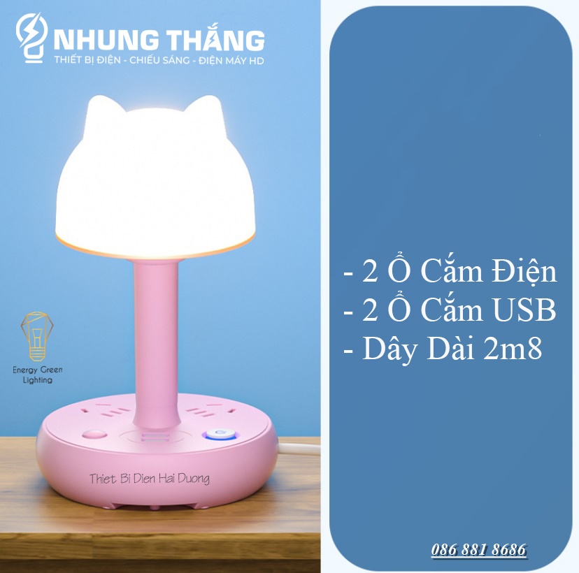 Ổ Cắm Điện Thông Minh Tai Mèo Kiêm Đèn Bàn OD-436 - Tích Hợp Đèn Chiếu Sáng - 3 Chế Độ Ánh Sáng - Dây Điện Dài 2m8 - Có Video