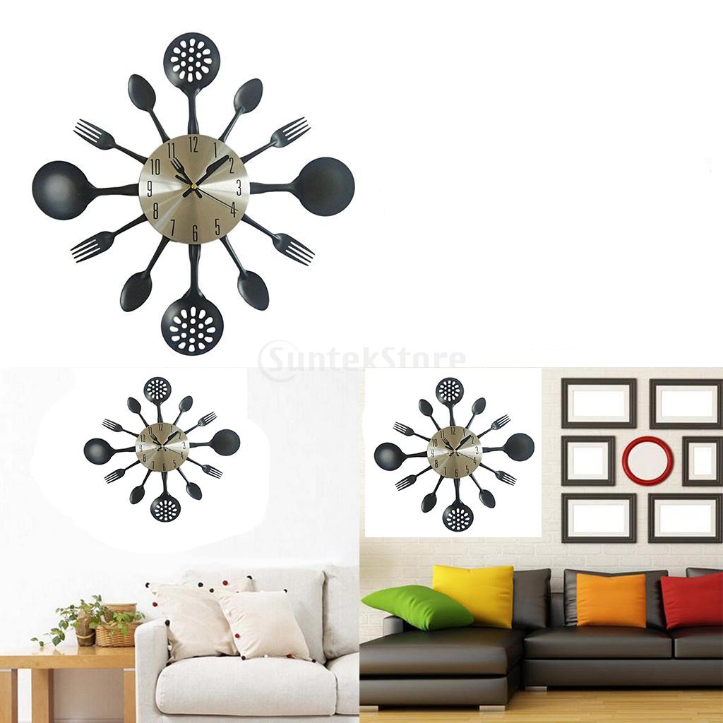 Kitchen Wall Clock 3D Kitchen Spoon Fork Wall Clock Wall Wall Room Black