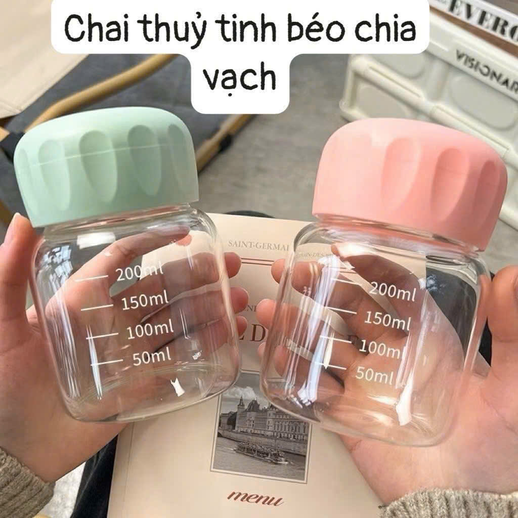 Bình Thủy Tinh Dáng Lùn Chai Thủy Tinh 200ml Chia Vạch Có Nắp Gioăng Kín, Chai Đựng Nước Sữa Cafe Sinh Tố - HÀNG CHÍNH HÃNG MINIIN