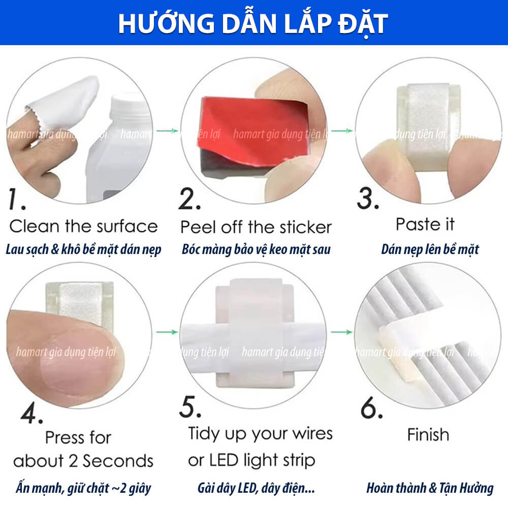 SET 5 Nẹp Dây Đèn LED Dán Tường Kẹp Cố Định Dải LED Trang Trí Tủ Kệ Trưng Bày Decor Bàn Làm Việc