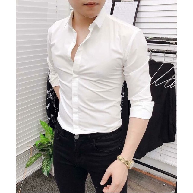 Áo Sơ Mi Nam dài tay chất Lụa Trơn không nhăn, thoáng mát, co dãn nhẹ,