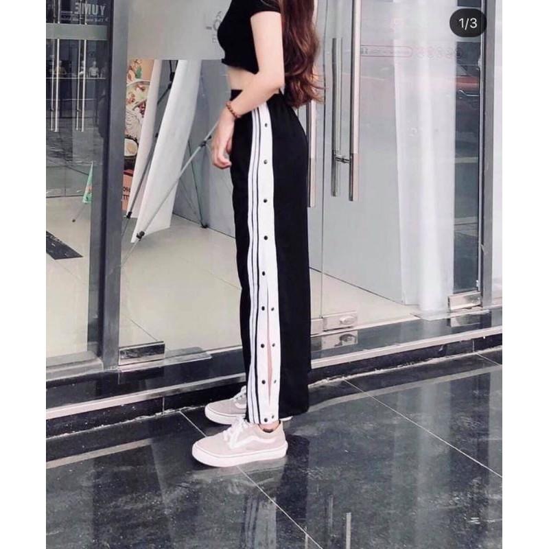 Quần ống rộng , quần nữ chất poly 2 da , 16 nút
