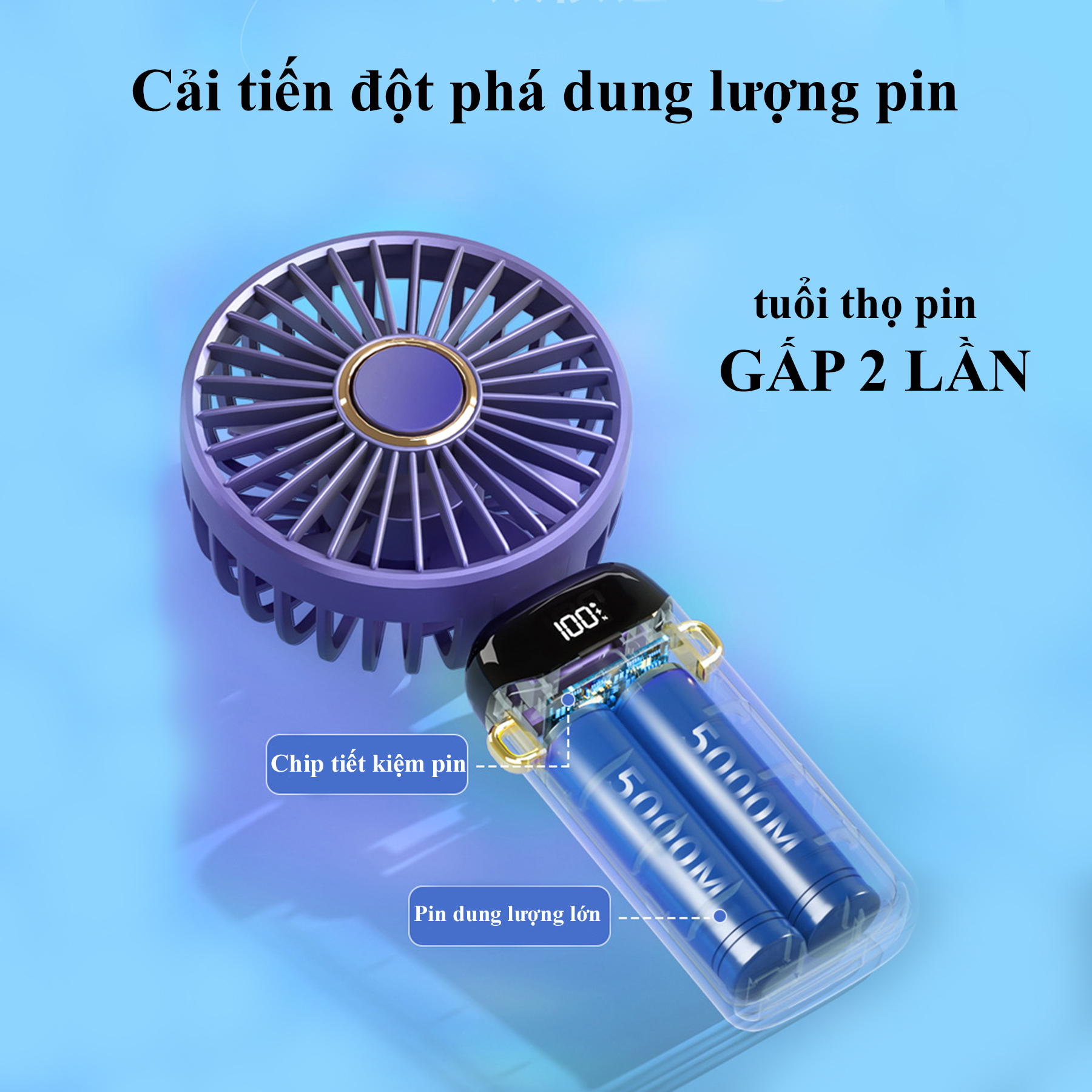 Quạt mini cầm tay REKKY gập gọn phù hợp mang đi du lịch, có đèn led hiển thị chế độ và dung lượng pin- Hàng Chính Hãng