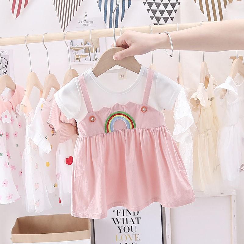 Váy Bé Gái giả Yếm Ngắn Tay Xanh Hình Mèo , Chất Cotton Thấm Hút Mồ Hôi