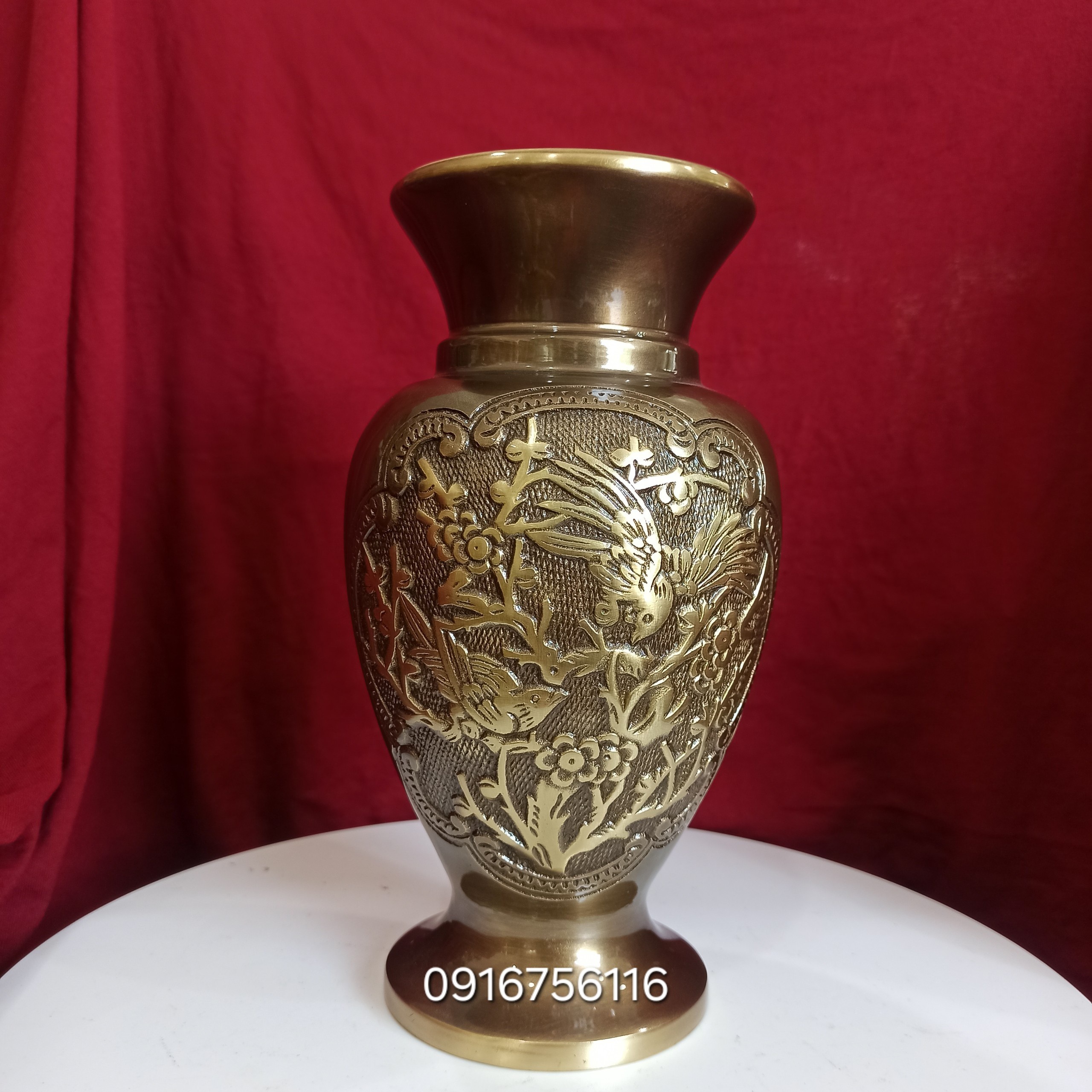 Lọ hoa phượng hoàng đồng vàng màu hun cạo 24.5cm