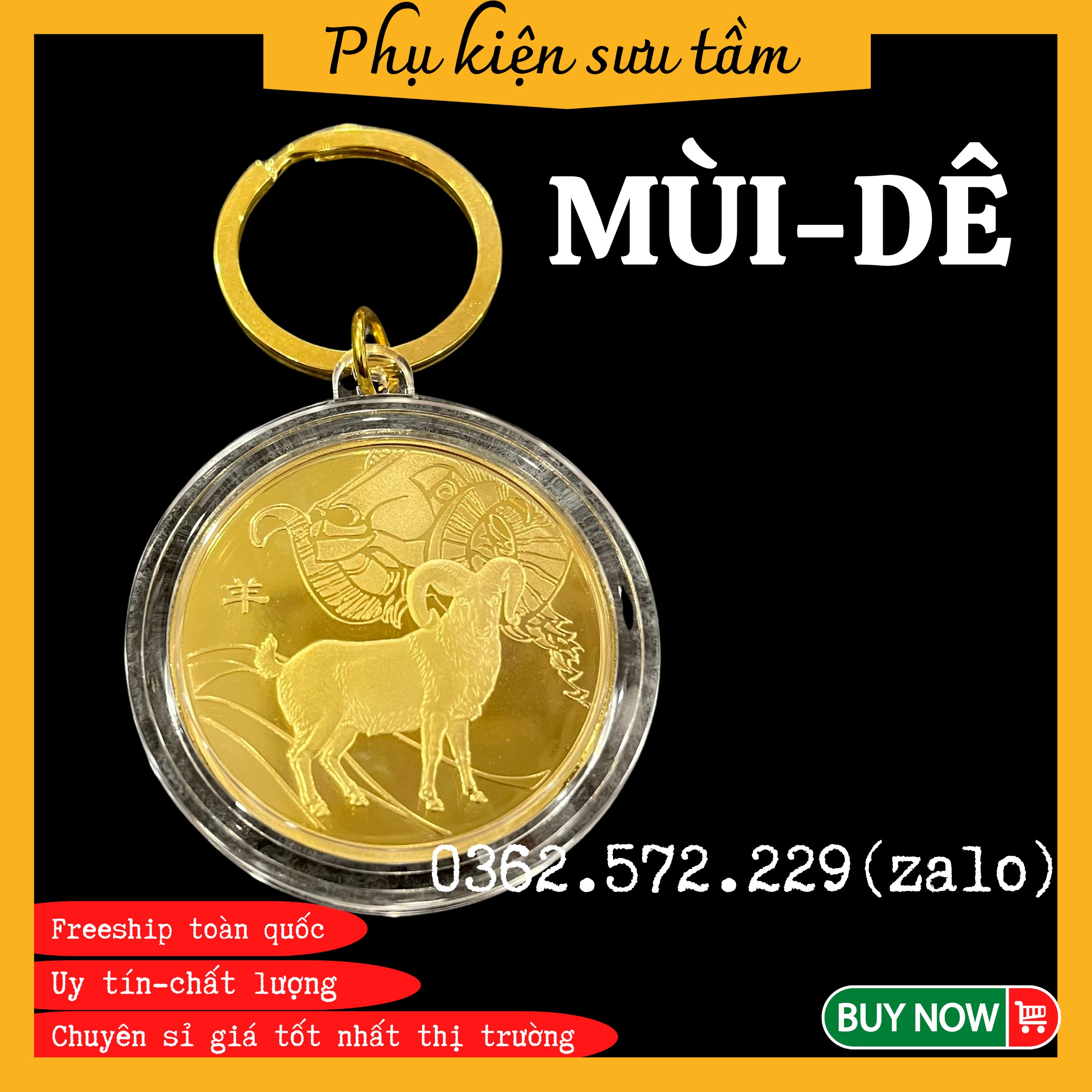 Móc Khóa Đồng Xu 12 Con Giáp Khắc Hình Con Giáp MÙI -DÊ Phong Thủy May Mắn độc đáo, Chất Liệu Niken Mạ Vàng Sáng Bóng