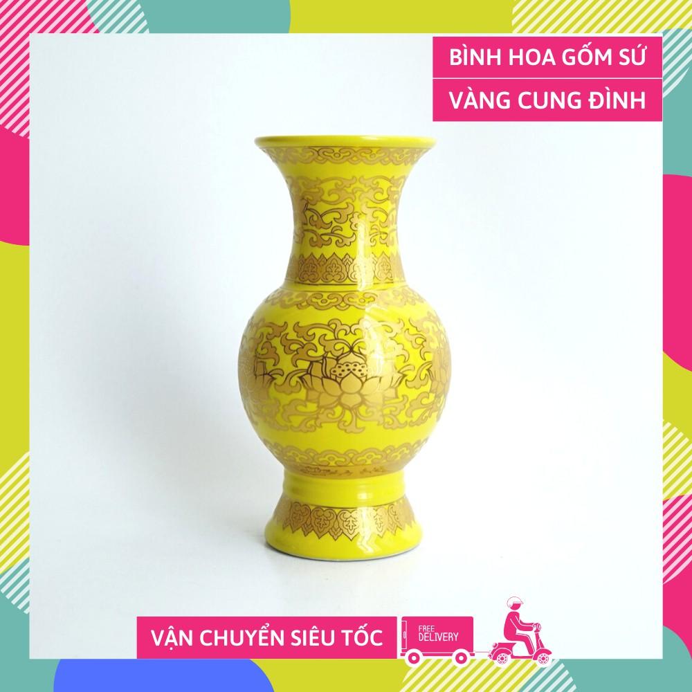 Bình hoa thờ cúng sen vàng cung đình gốm sứ đặt bàn thờ - Cao 18cm